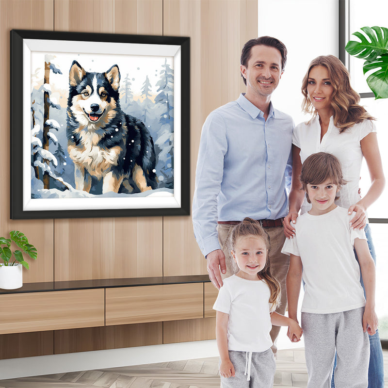 Hund im Schneewald Diamond Painting
