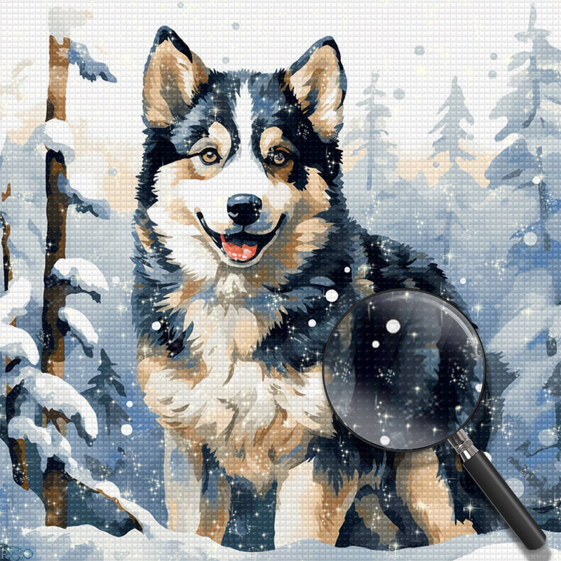 Hund im Schneewald Diamond Painting