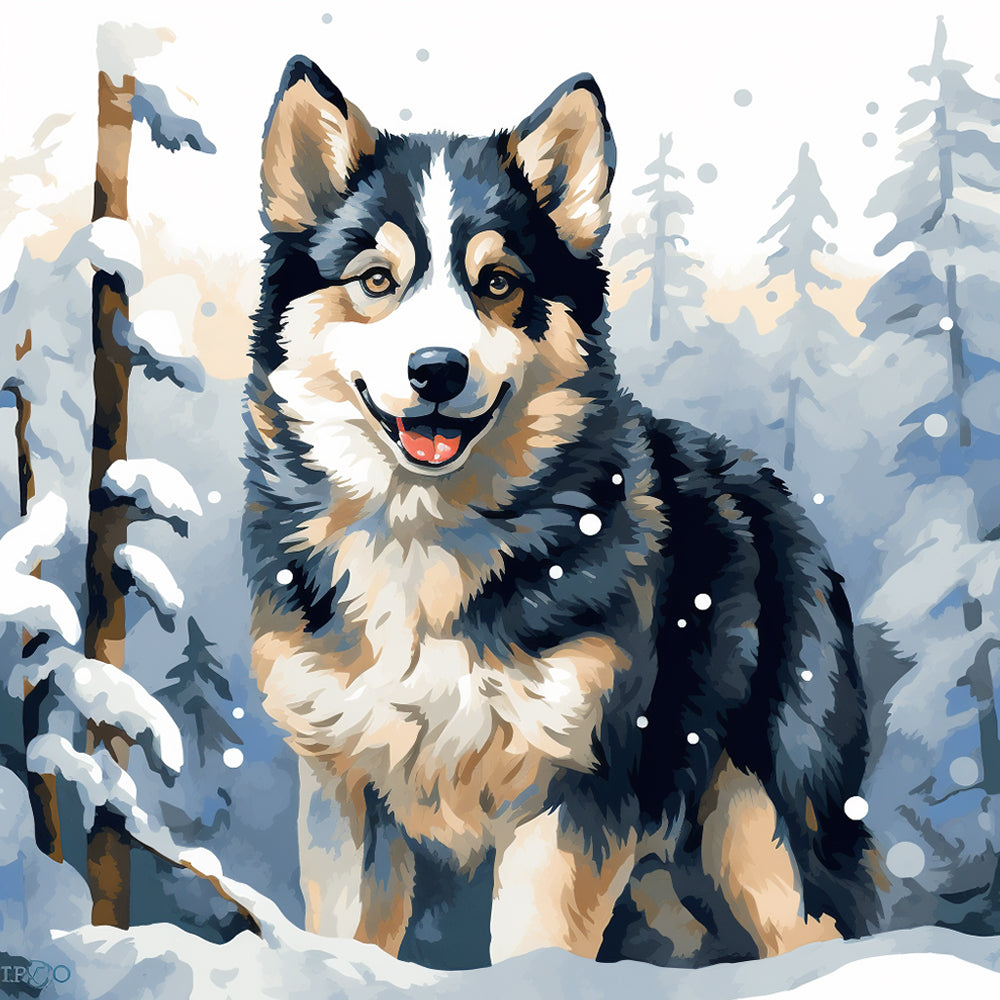 Hund im Schneewald Diamond Painting