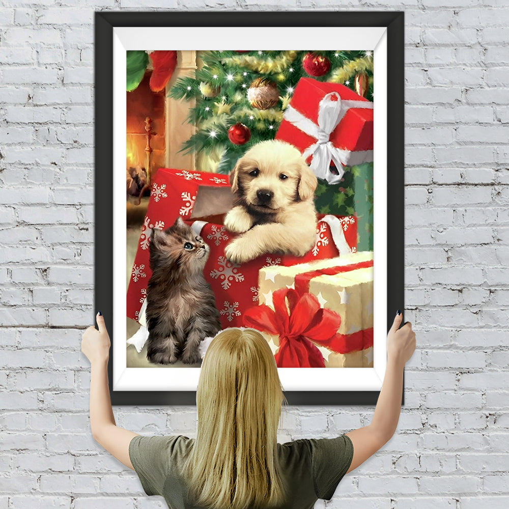 Hund in der Geschenkbox und Katze Diamond Painting