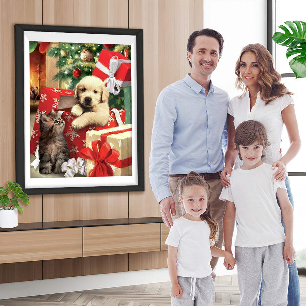 Hund in der Geschenkbox und Katze Diamond Painting