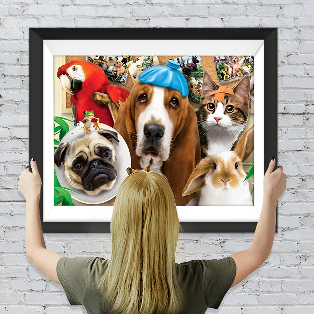Hund, Katze, Kaninchen und Papagei vor der Fotowand Diamond Painting