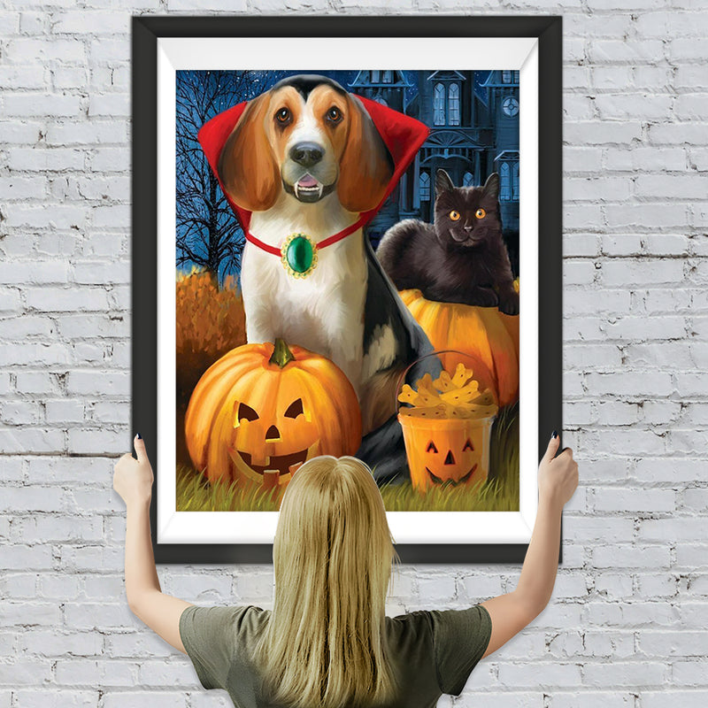 Hund, Katze und Kürbislaternen Diamond Painting