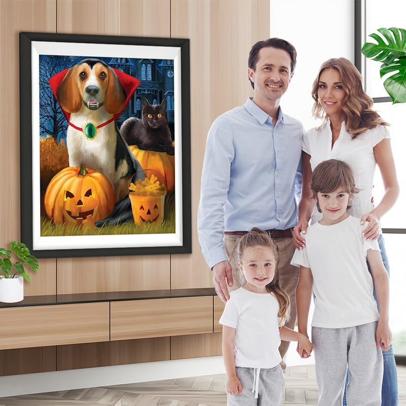 Hund, Katze und Kürbislaternen Diamond Painting