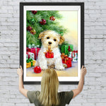 Hund mit Geschenken neben dem Weihnachtsbaum Diamond Painting