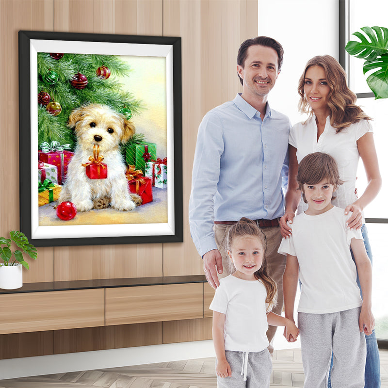 Hund mit Geschenken neben dem Weihnachtsbaum Diamond Painting