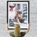 Hund mit Weihnachtsgeschenk vor der Tür Diamond Painting