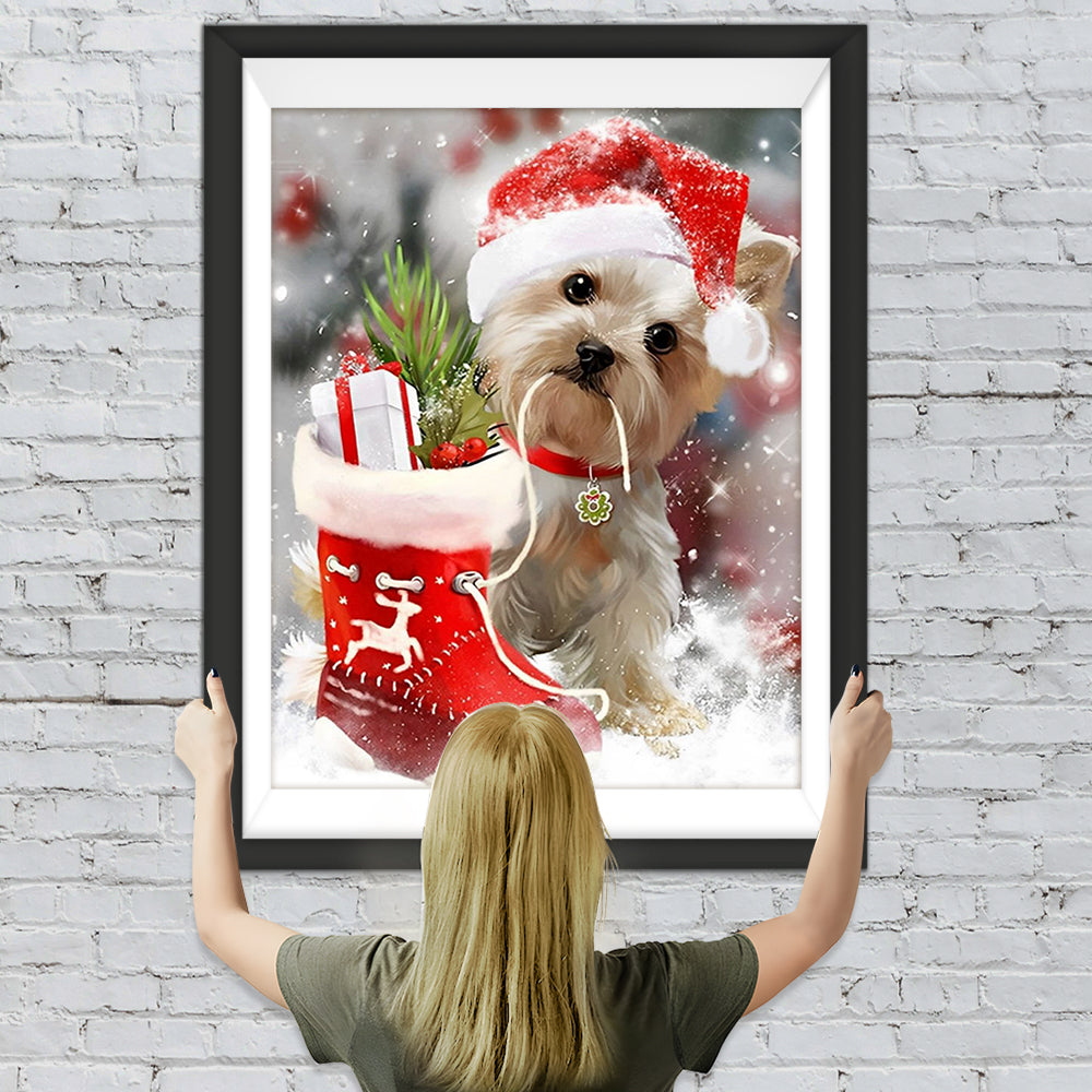 Hund mit Weihnachtsmütze und Weihnachtsstrumpf Diamond Painting