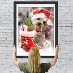 Hund mit Weihnachtsmütze und Weihnachtsstrumpf Diamond Painting