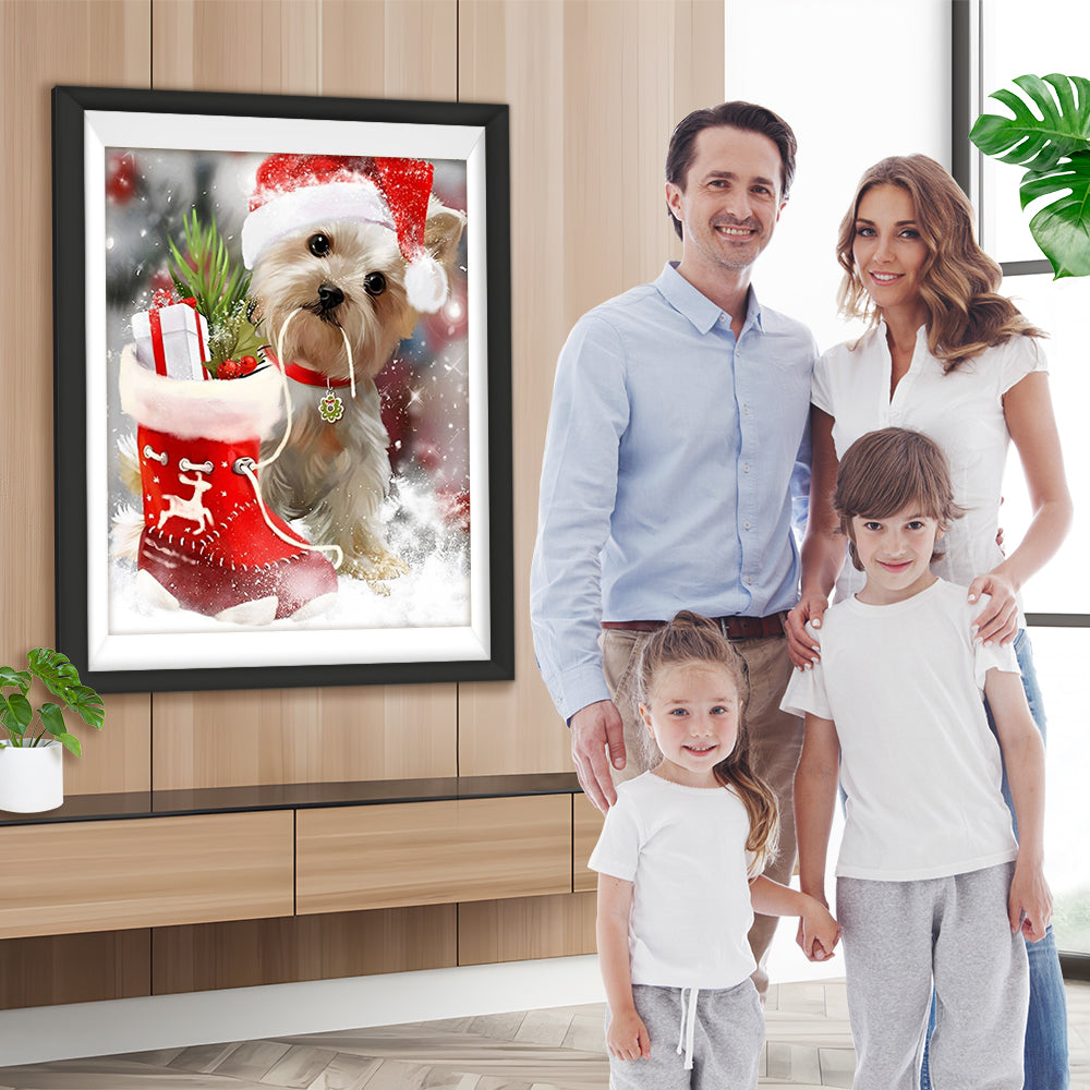 Hund mit Weihnachtsmütze und Weihnachtsstrumpf Diamond Painting