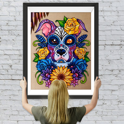 Hund, Rosen und Sonnenblume Diamond Painting