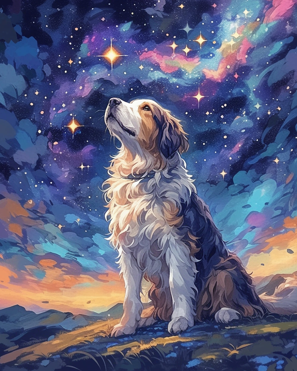 Hund schaut zu den Sternen auf Diamond Painting