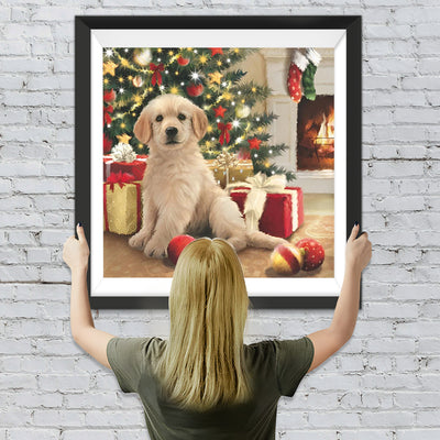 Hund und Geschenke unter dem Weihnachtsbaum Diamond Painting