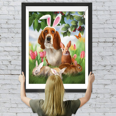 Hund und Kaninchen in den Tulpen Diamond Painting