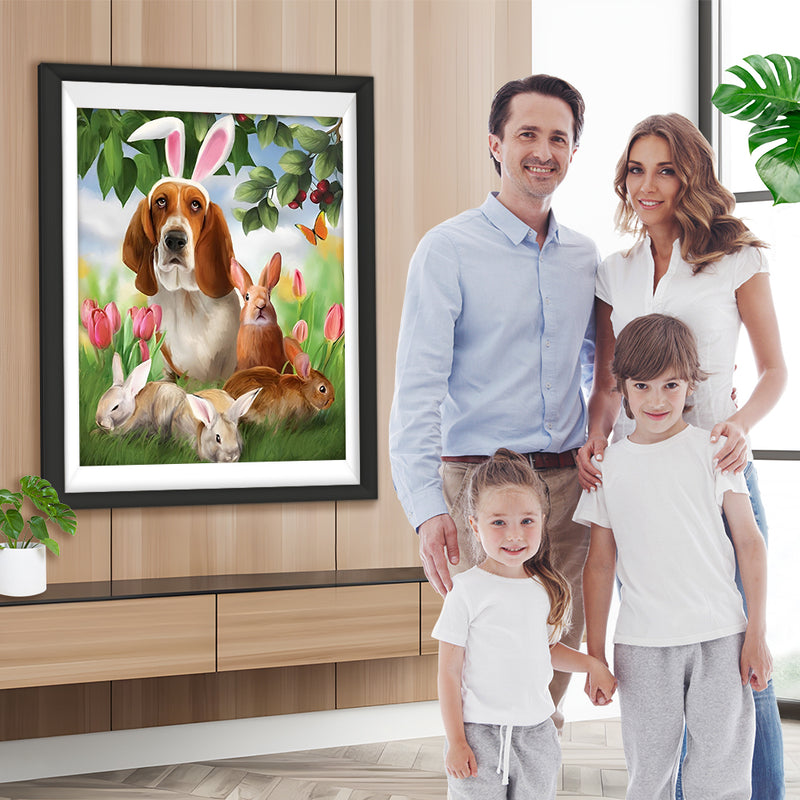 Hund und Kaninchen in den Tulpen Diamond Painting