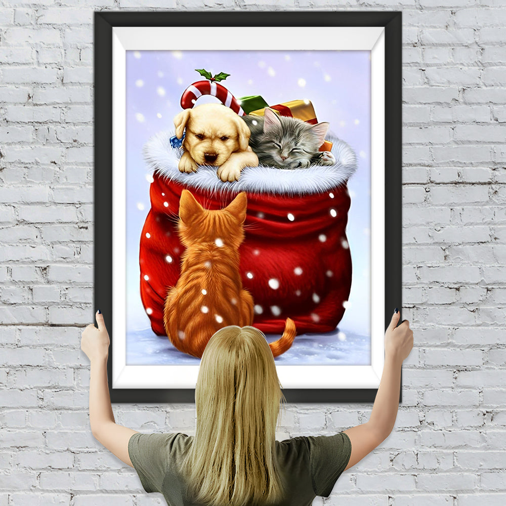 Hund und Katze im Weihnachtsgeschenk Diamond Painting