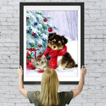 Hund und Katze unter dem Weihnachtsbaum im Schnee Diamond Painting