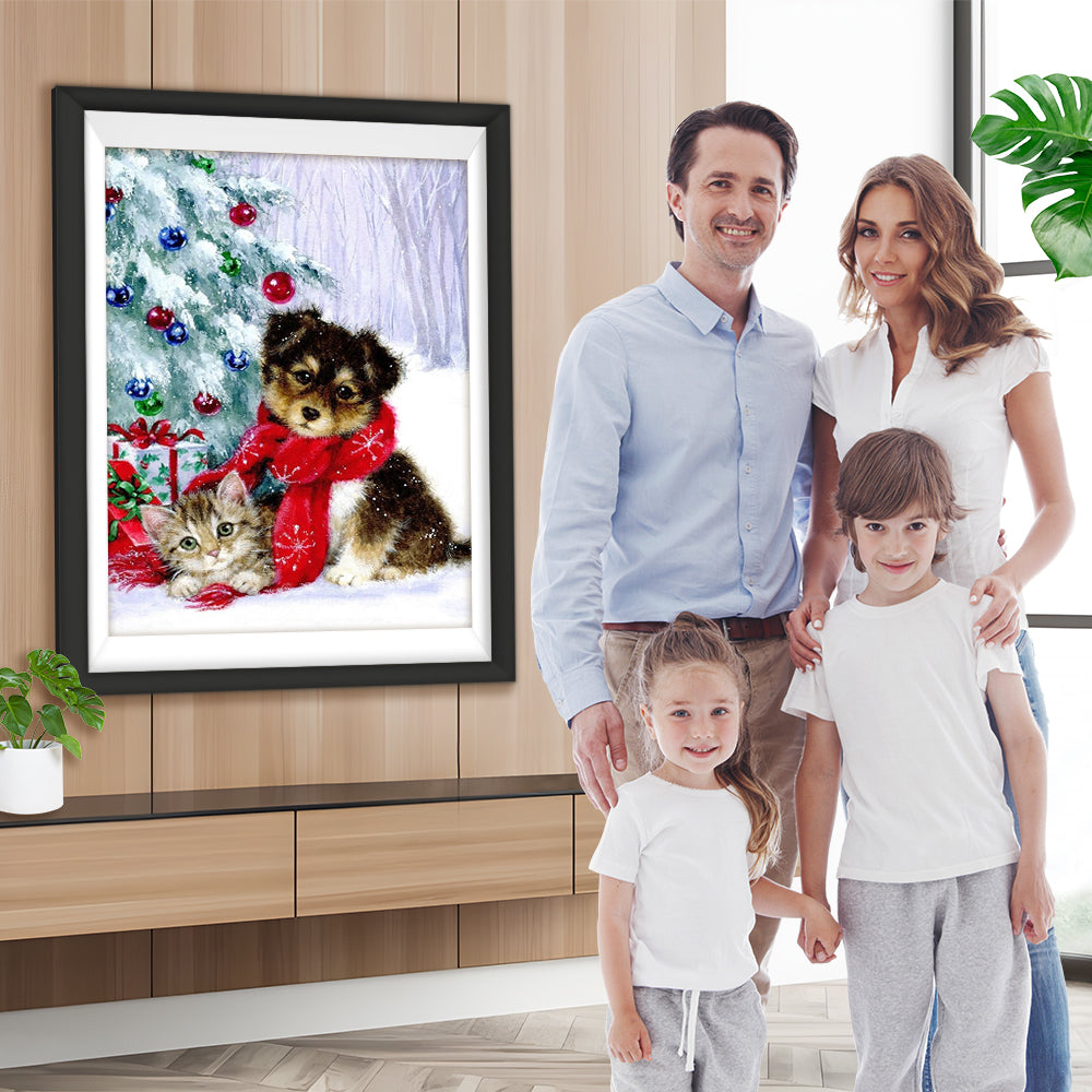 Hund und Katze unter dem Weihnachtsbaum im Schnee Diamond Painting