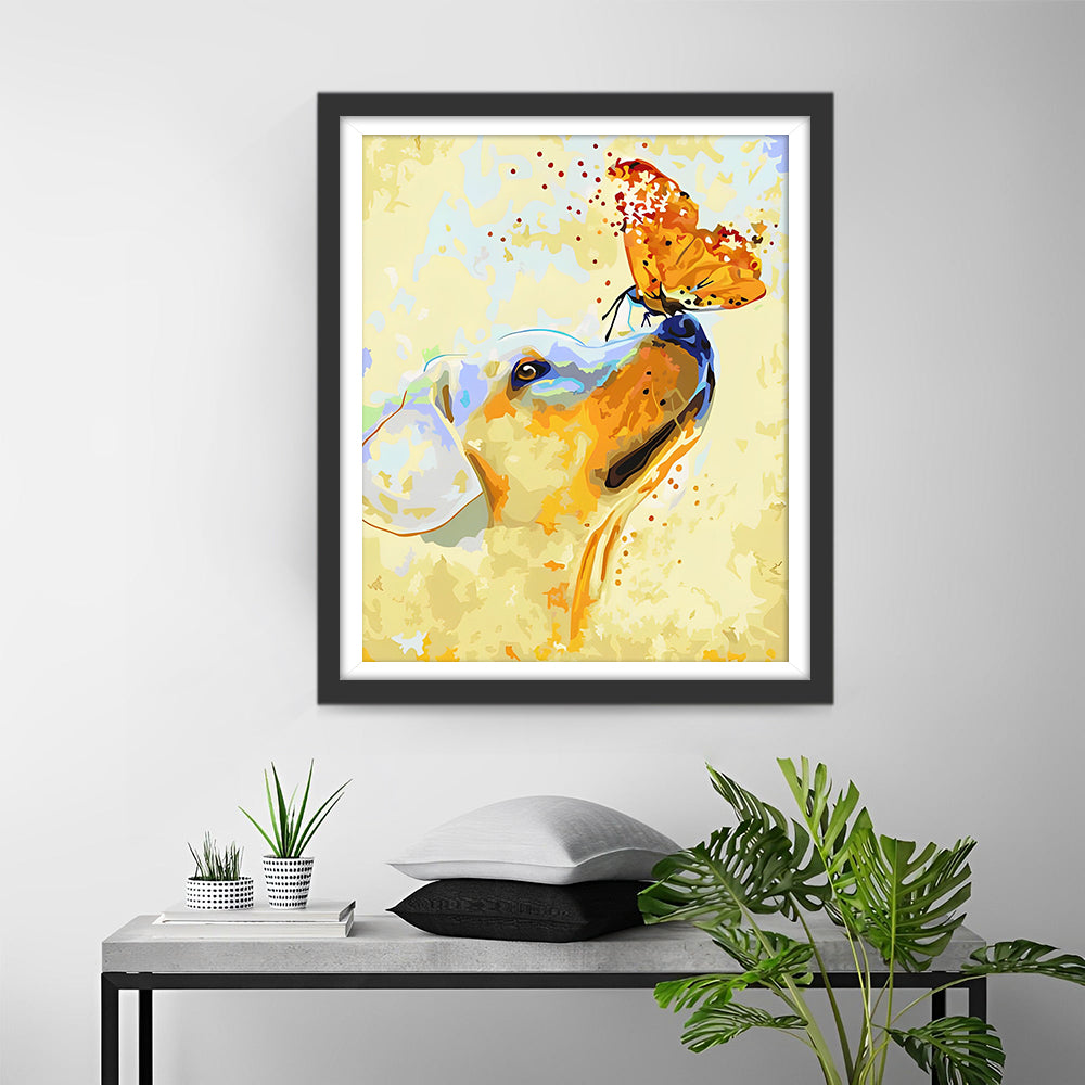 Hund und orangefarbener Schmetterling Diamond Painting