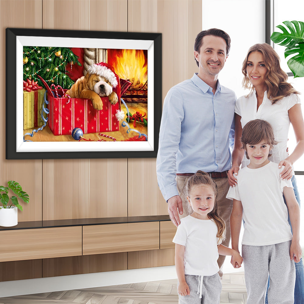 Hund und Weihnachtsbaum neben dem Kamin Diamond Painting