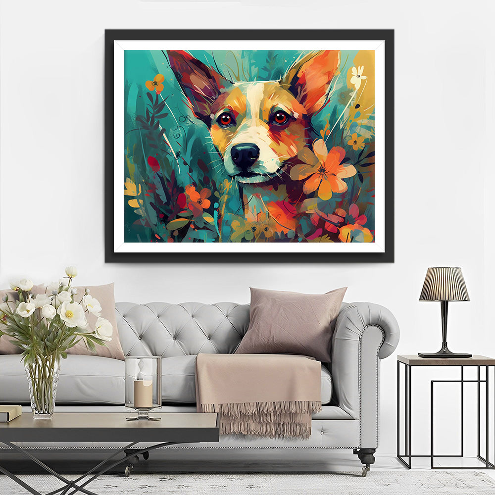 Hund zwischen Blumen Diamond Painting