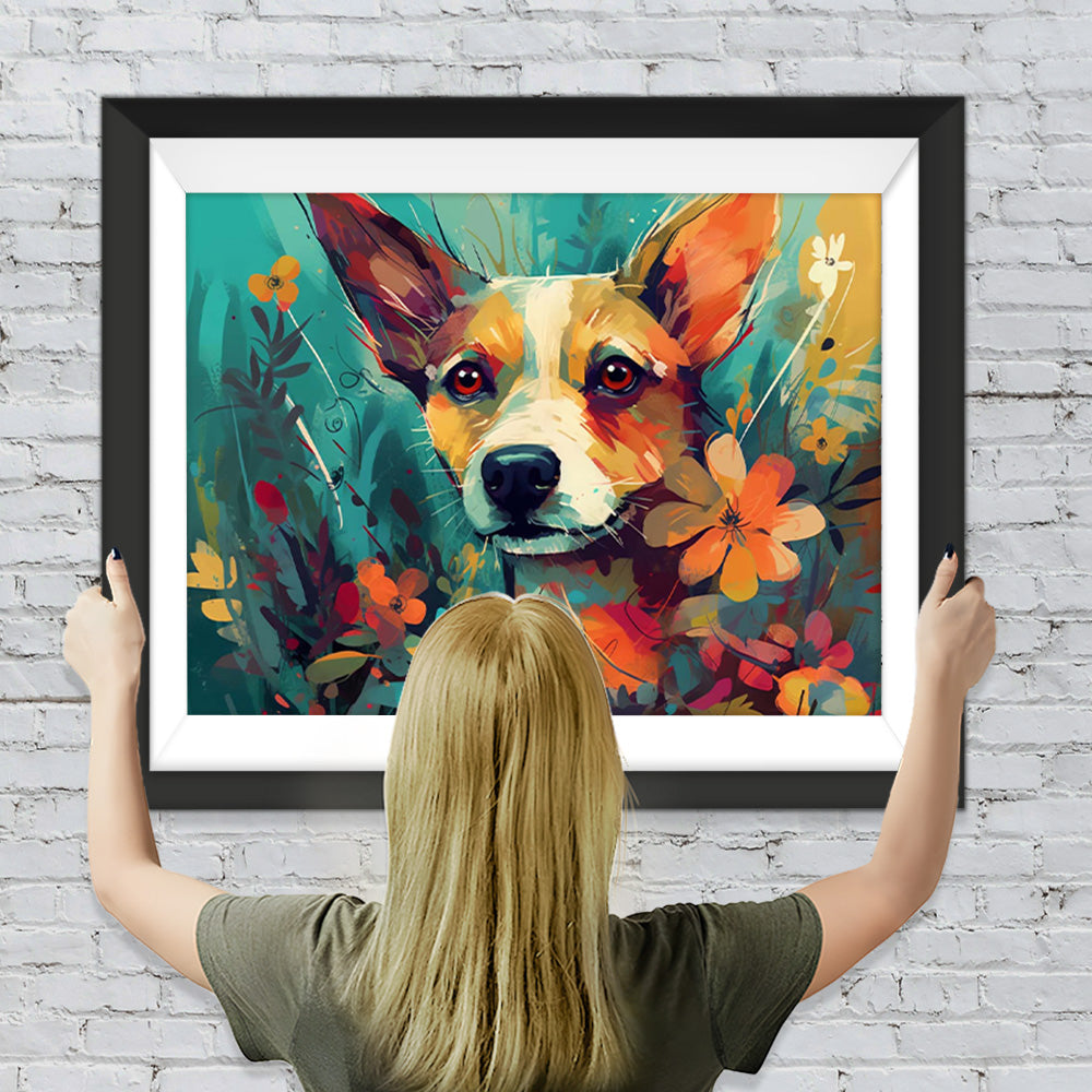 Hund zwischen Blumen Diamond Painting