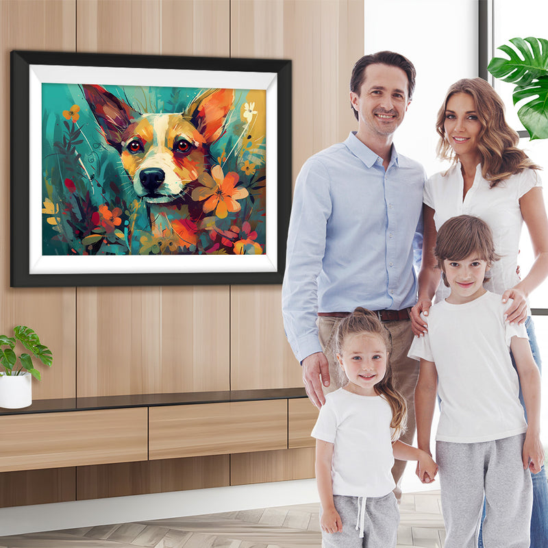 Hund zwischen Blumen Diamond Painting