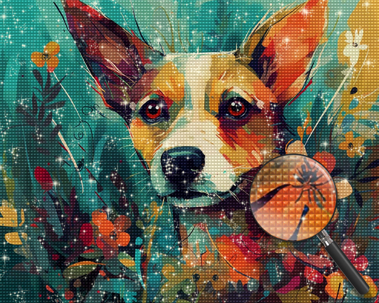 Hund zwischen Blumen Diamond Painting