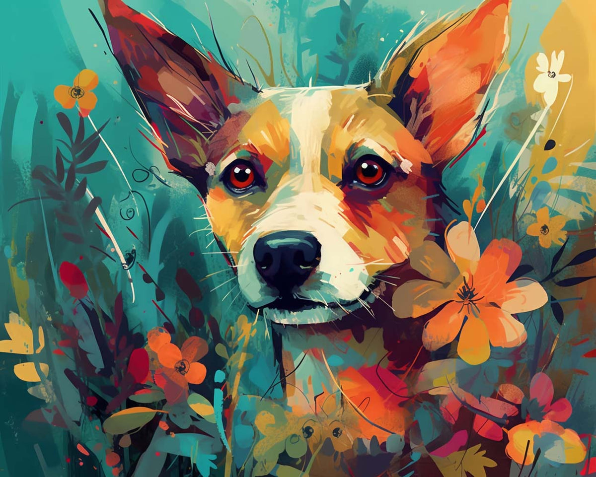 Hund zwischen Blumen Diamond Painting