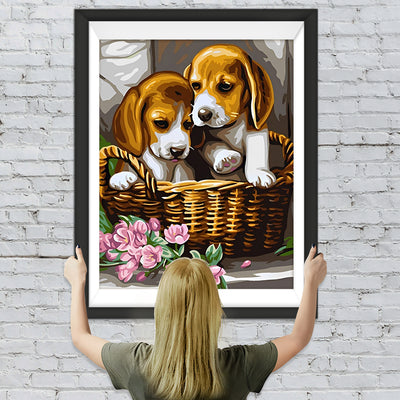 Hunde im Bambuskorb Diamond Painting