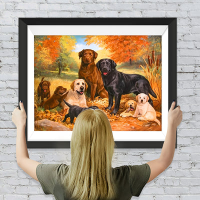 Hunde im Wald im Herbst Diamond Painting