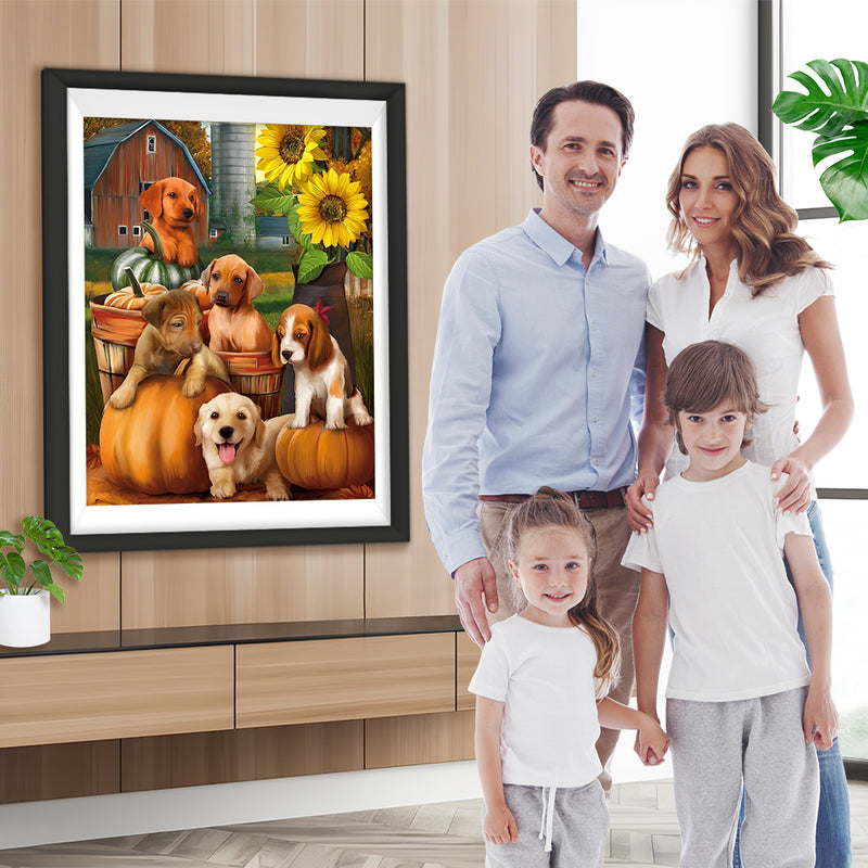 Hunde, Kürbisse und Sonnenblumen Diamond Painting