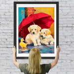 Hunde und Ente unter dem roten Schirm Diamond Painting