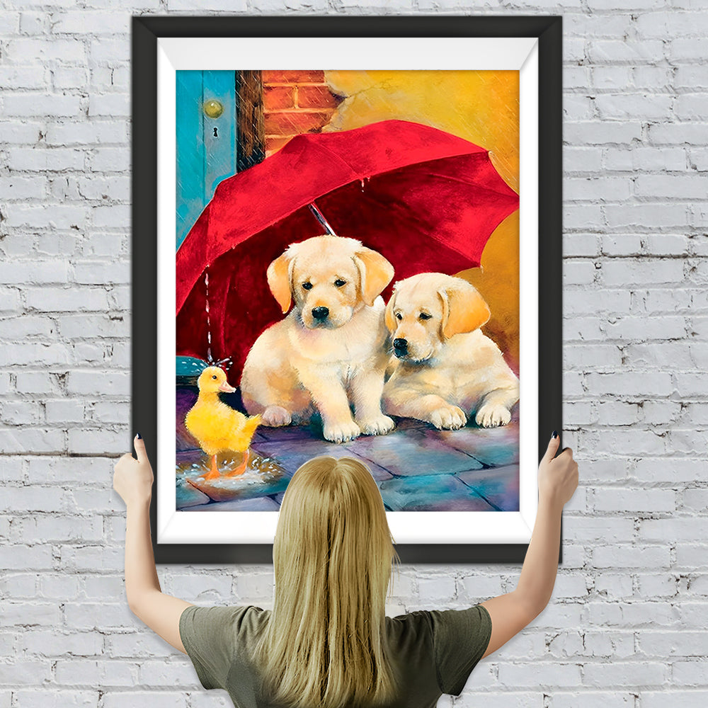 Hunde und Ente unter dem roten Schirm Diamond Painting