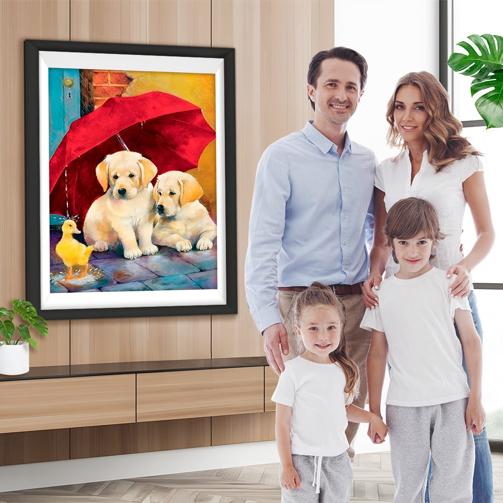 Hunde und Ente unter dem roten Schirm Diamond Painting