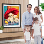 Hunde und Ente unter dem roten Schirm Diamond Painting