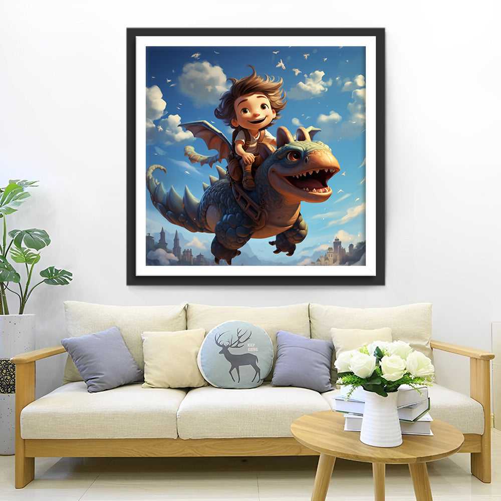 Junge reitet auf einem Dinosaurier Diamond Painting