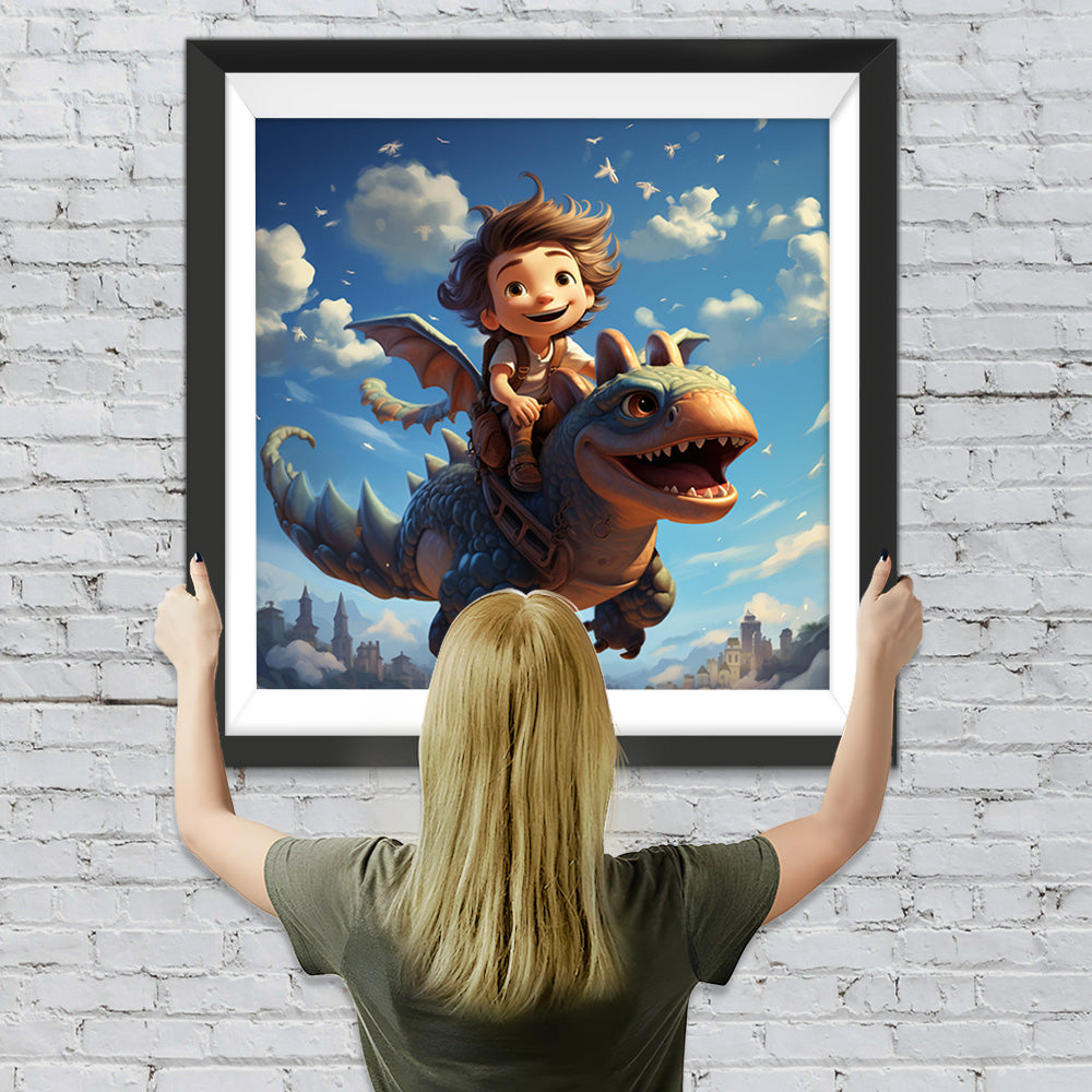 Junge reitet auf einem Dinosaurier Diamond Painting