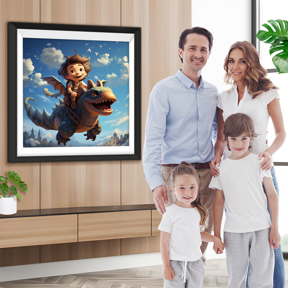 Junge reitet auf einem Dinosaurier Diamond Painting