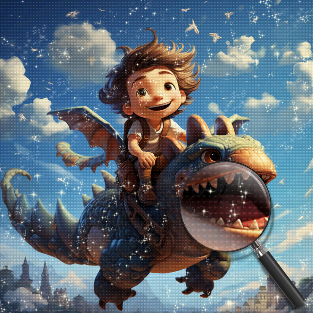 Junge reitet auf einem Dinosaurier Diamond Painting