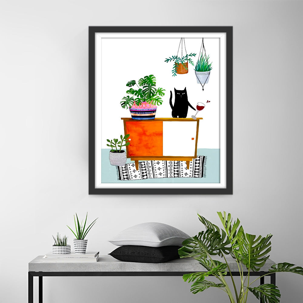 Kätzchen und grüne Topfpflanzen auf dem Schrank Diamond Painting