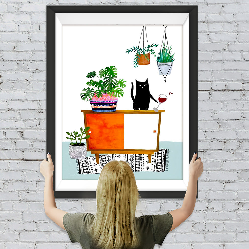 Kätzchen und grüne Topfpflanzen auf dem Schrank Diamond Painting