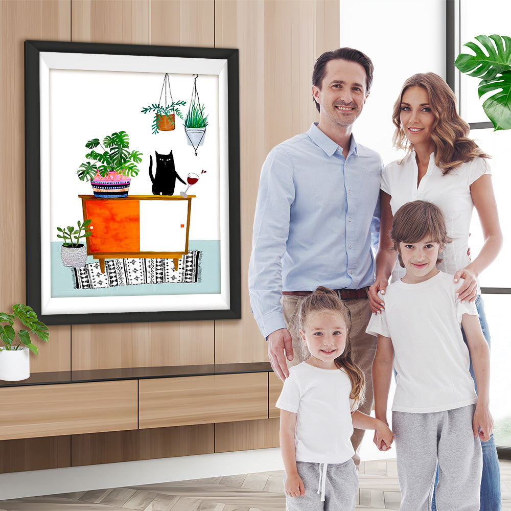 Kätzchen und grüne Topfpflanzen auf dem Schrank Diamond Painting