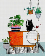 Kätzchen und grüne Topfpflanzen auf dem Schrank Diamond Painting