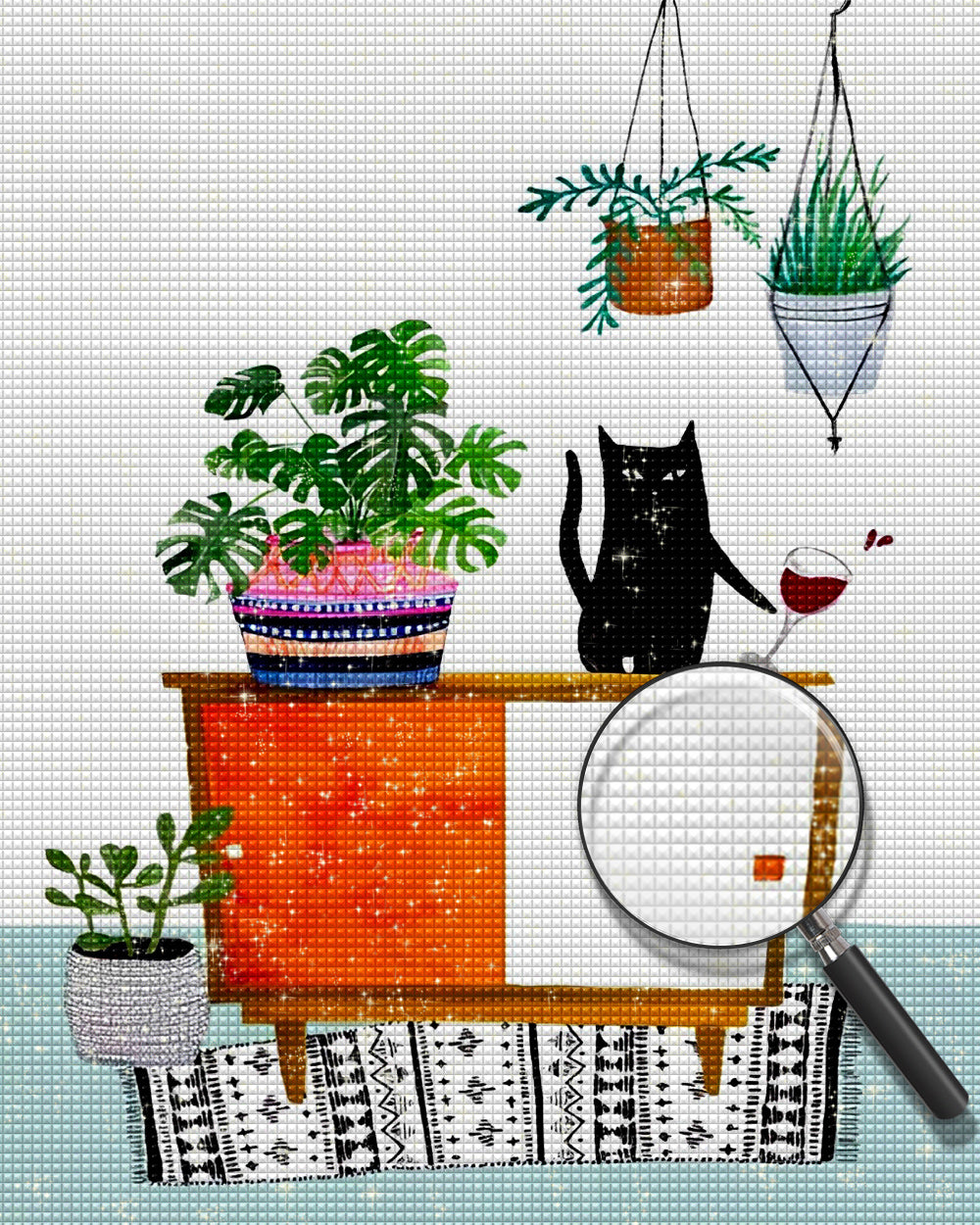 Kätzchen und grüne Topfpflanzen auf dem Schrank Diamond Painting