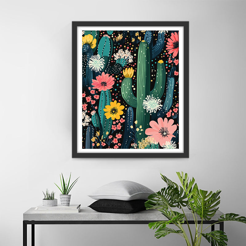 Kaktus mit Blumen in verschiedenen Farben Diamond Painting