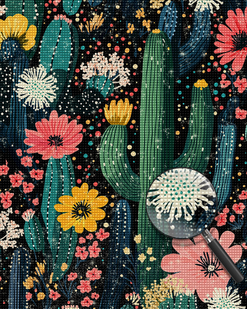 Kaktus mit Blumen in verschiedenen Farben Diamond Painting
