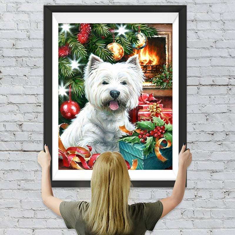 Kamin, Weihnachtsbaum, Hund und Geschenke Diamond Painting