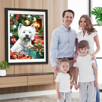 Kamin, Weihnachtsbaum, Hund und Geschenke Diamond Painting