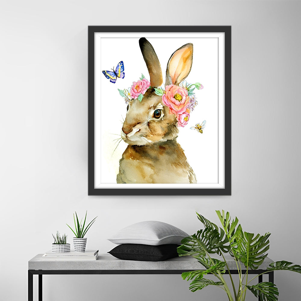Kaninchen, Schmetterling und Blumen Diamond Painting